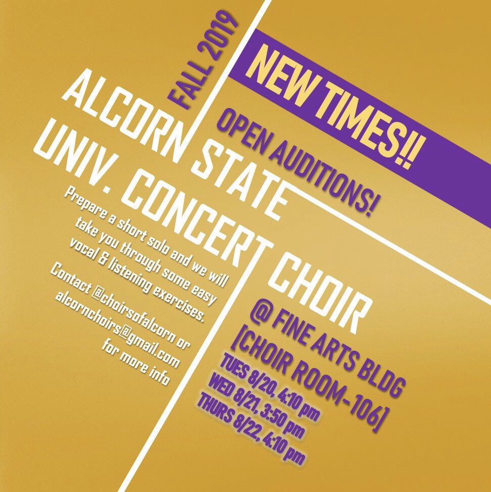 New Times for the auditions! Hope you’ve been warming those chords up. We can’t wait to hear you this week. #Alcorn19 #Alcorn20 #Alcorn21 #Alcorn22 #Alcorn23 #AlcornStateUniversity #SingingBraves