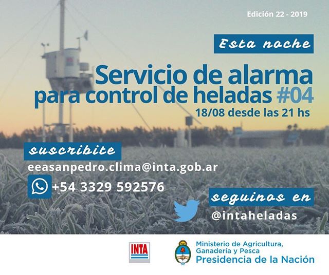 INTASanPedro's tweet photo. Cuarta noche de vigilia del #serviciodealarma para #controldeheladas con mensajes a cada hora, desde las 21. Pueden seguirnos en Twitter intaheladas, en Facebook INTASanPedro, o suscribirse por Whatsapp 📲 al +54 3329 592576 (cargando el contacto y solicitandolo) https://t.co/D4gZxfxUpR