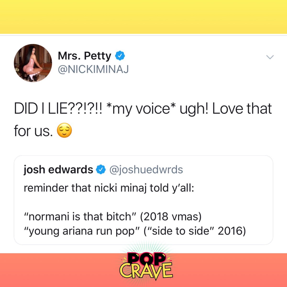 . @NickiMinaj shows love to  @Normani on Twitter.