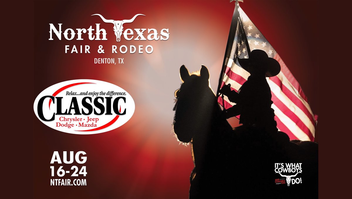 GP1CDJRDenton's tweet photo. Classic of Denton is proud to help sponsor nine nights of country music, first-class rodeos, livestock shows, kid &amp; fun zones and the latest fun attractions. Don't miss out on the 91st Annual North Texas Fair and Rodeo, which runs from now until the 24th! https://t.co/U9LrBaTdu8