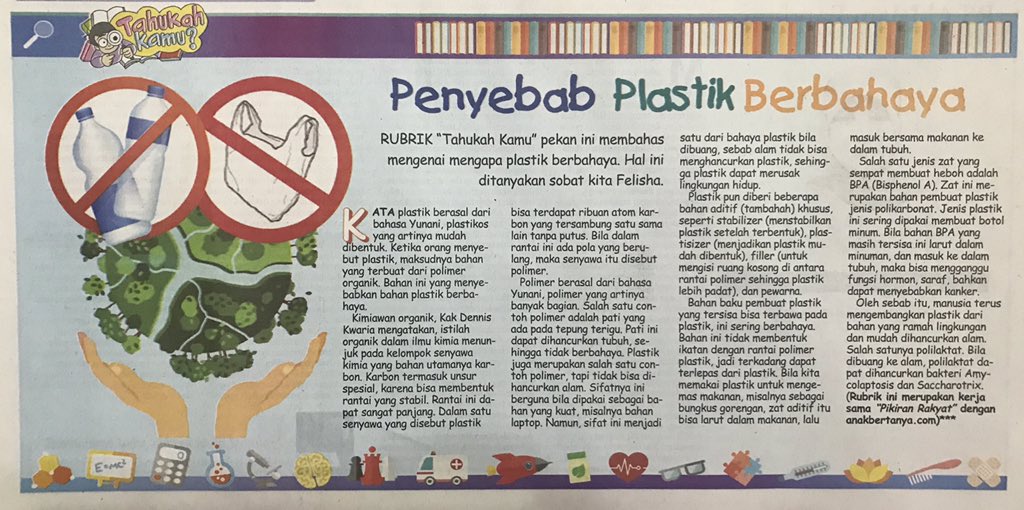 AnakBertanya's tweet photo. Ada anak #bertanya: Mengapa plastik berbahaya?
Ini jawaban dari pakar kimia organik Dennis Kwaria, yang dimuat di #PRKecil #117 https://t.co/gLl1Je9qNI