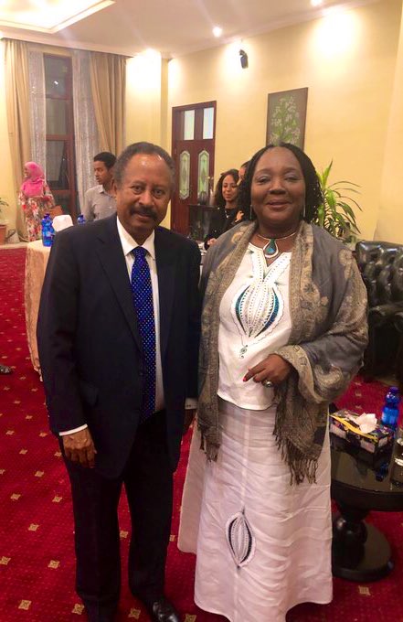 AAG_AllamAdvGrp's tweet photo. AAG Board Advisor @AidaOpokuMensah greets new Prime Minister of Sudan Abdalla Hamdok at a reception this evening at the #Sudan Embassy #SudanUpRising. PM will serve a 39 month transitional term to prepare the country for democratic transition #africanunion #SudanSigning https://t.co/O9snEFQ8C9