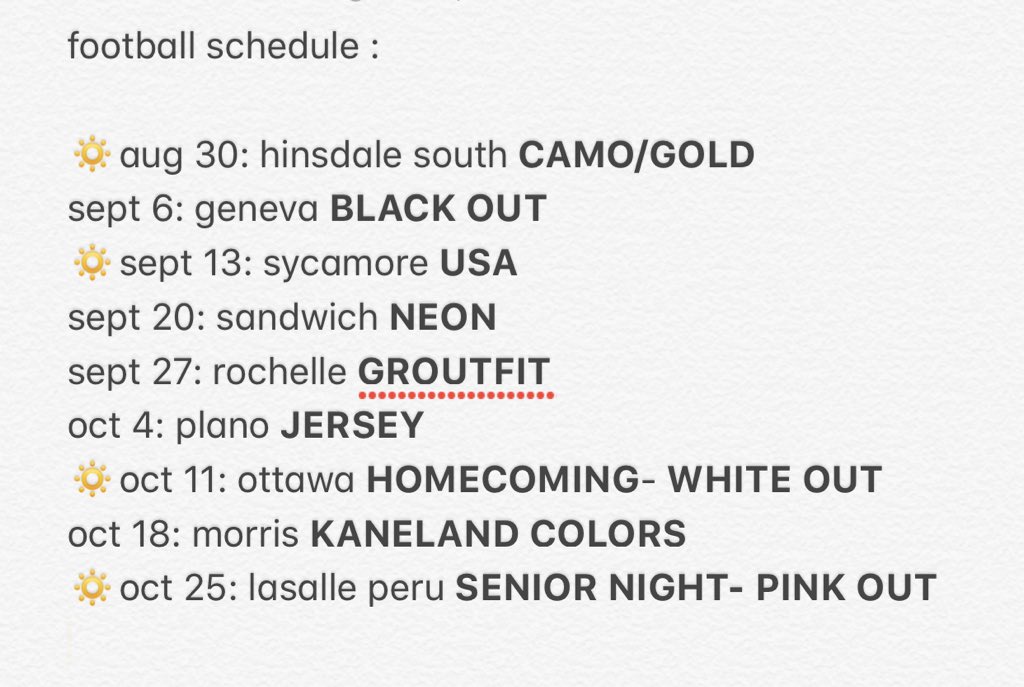 KHSKnightCrew's tweet photo. WHOS READY FOR SOME FOOTBALL!
First home game is a week from Friday and the “🔅” are the home games and the bold are the themes for each game- so go out and get what you need to show school spirit! We want to see everyone there on August 30th!!#KnightCrew https://t.co/SqKnqK0i9e