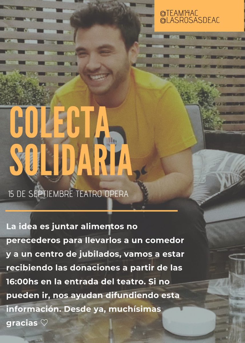 Team14AC's tweet photo. 🗣 el día 15 de septiembre vamos a estar juntando alimentos no perecederos en la puerta del Teatro Opera, entre el horario de 16:00 a 18:00 de la tarde, para donar en un comedor y en un centro de jubilados, esperamos que se sumen!!

• nos ayúdan mucho con un rt así se difunde https://t.co/6cQXVwAaCD