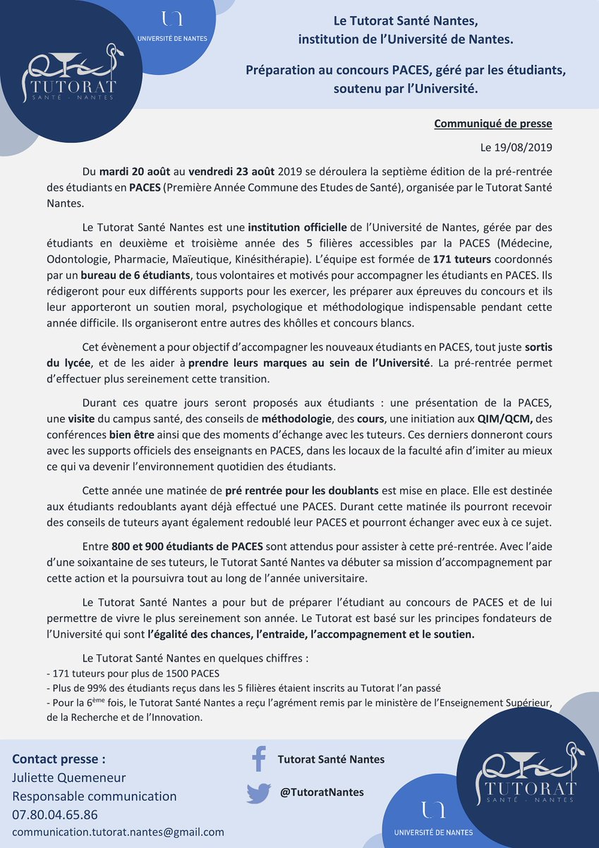 TutoratNantes's tweet photo. CdP - Le Tutorat Santé Nantes organise du 20 au 23 août la 7ème édition de sa pré rentrée pour les nouveaux étudiants en PACES.
@OFEtudiant @OuestFrance44 @presseocean @afpfr @telenantesinfo @20minutesnantes @MetroNantes @F3PaysdelaLoire @letudiant @UnivNantes @EgoraInfo https://t.co/10O0KuvD49
