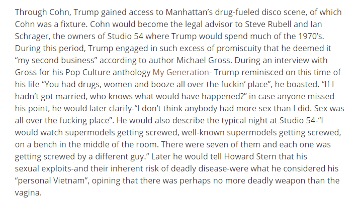 Through Roy Cohn, U.S. President  #Trump gained access to Manhattan’s drug-fueled disco scene which featured trafficked women and children. "I would watch supermodels getting screwed, well-known supermodels getting screwed, on a bench in the middle of the room."  #OpDeathEaters