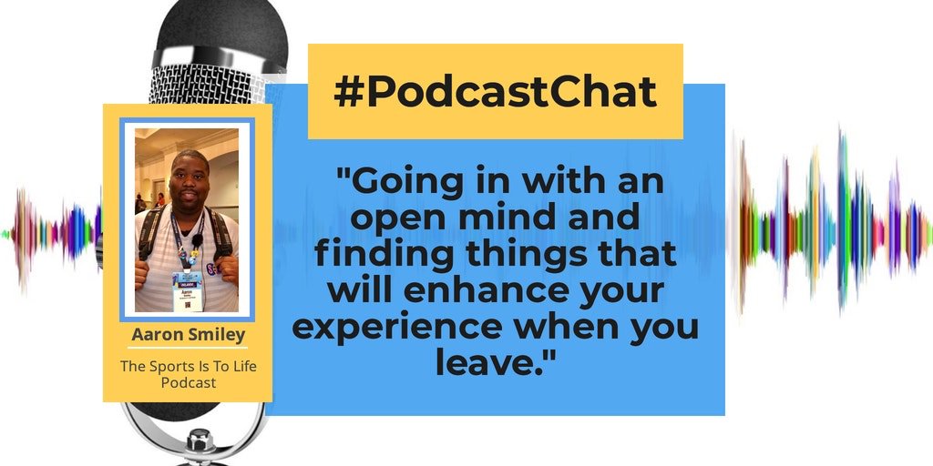 podcast_chat's tweet photo. Opening yourself up to discovery and chance can allow for unexpected and suprising connection. Aaron Smiley @MrSmiles19 from the @SportsIsToLife podcast shares his method for getting the most out of a podcast conference. #podcastchat https://t.co/sGxknzPTBc