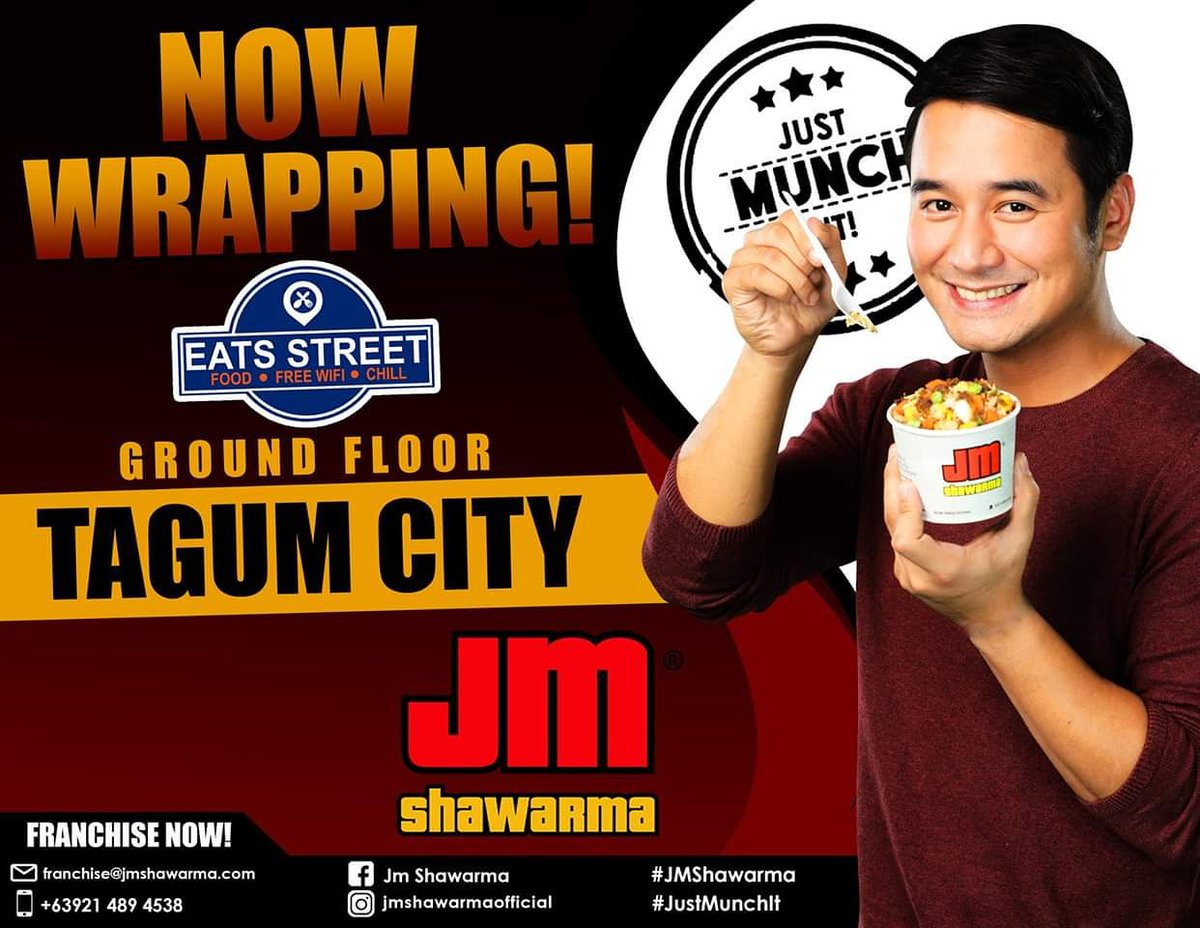ShawarmaJm's tweet photo. Tara na at imbitahin ang buong barkada.
Ang JM Shawarma ay na sa Eat Street Tagum na. Hali na at tikman ang sa-WRAP araw-arawin na shawarma. 

#JMShawarma #JustMunchIt #JMMyOneTrueLove #TasteDifferent #NowWrapping #EatStreetTagum https://t.co/D48mnKzFob