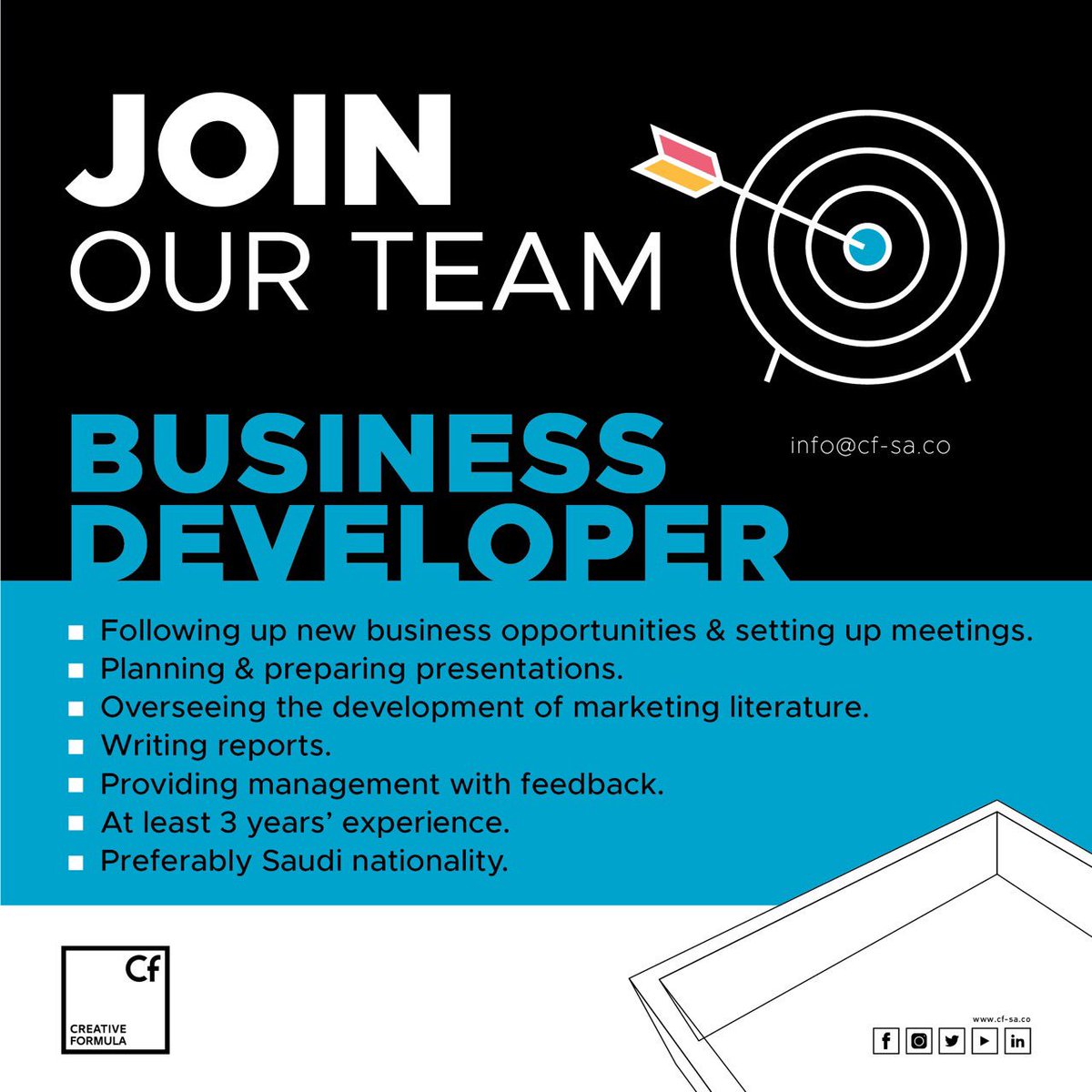 CREATEFORMULA's tweet photo. We are Hiring! ... mention your qualified friends and send us your cv's on info@cf-sa.co
#creativeformula #وصفة_الابداع #hiring #job #kingdomofsaudiarabia #ksa #riyadh #advertisingagency https://t.co/Nt3yQHxpvI