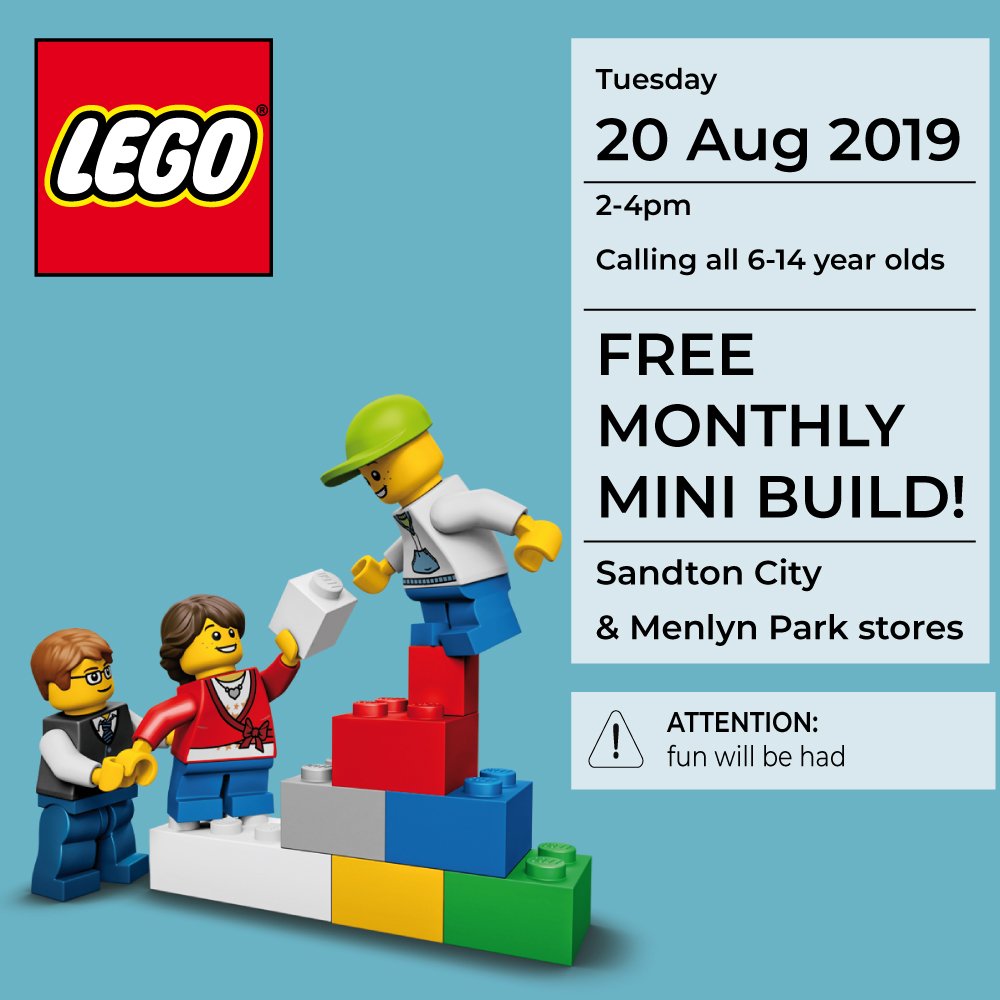 LegoCertifiedSA's tweet photo. Tomorrow is time for our Monthly Mini-Build! These builds are for FREE and available at our Sandton City and Menlyn Park stores. Builds take place between 2pm and 4pm with the actual build taking about 15 minutes. Space is limited and unreserved.
#LEGObuild #LEGOminibuild https://t.co/tXGgTkuTNM