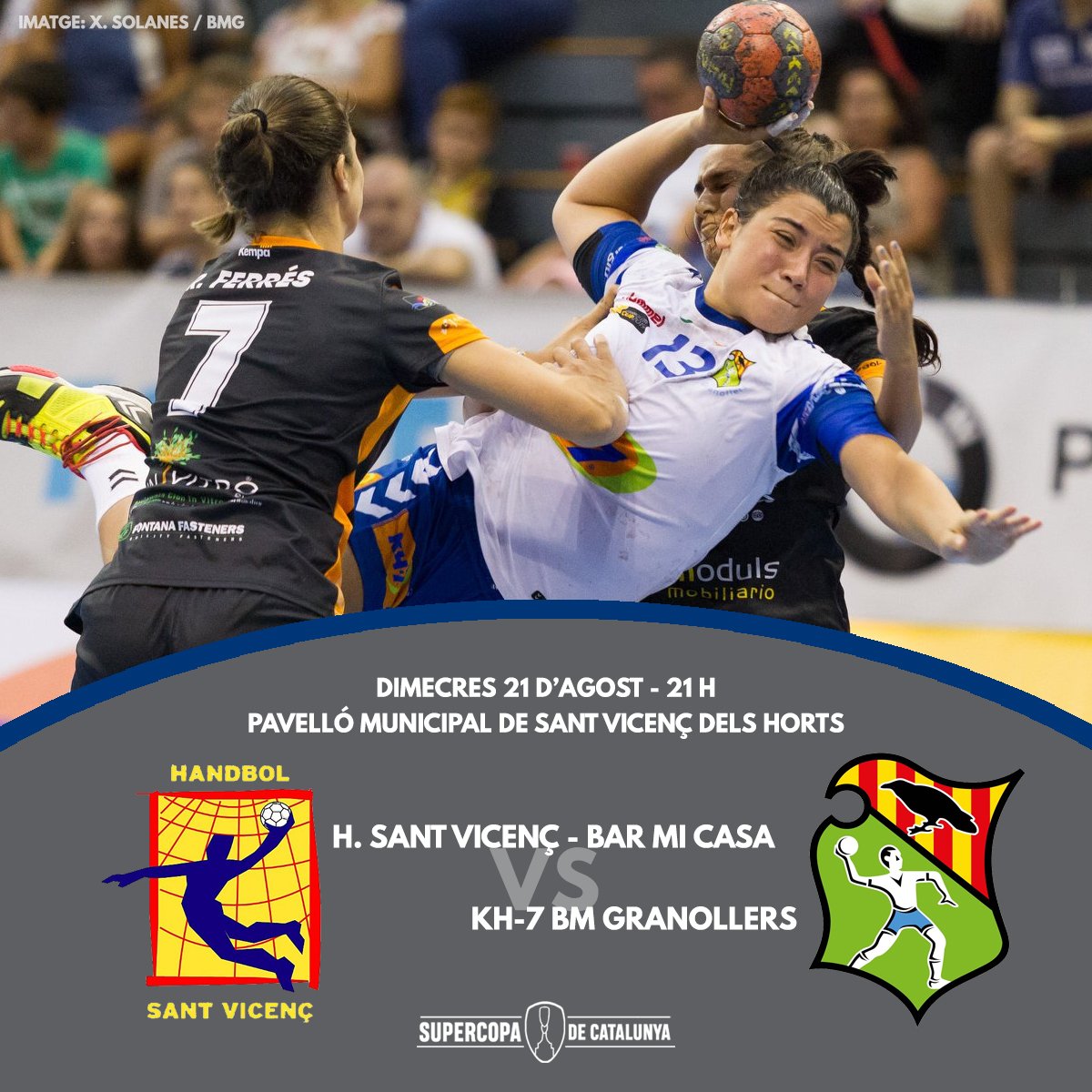 FedCatHandbol's tweet photo. #SuperCopaCAT 🏆 | Duel entre les campiones de la #CopaCatH i l'únic equip català de la @IberdrolaDHF ❗️
⚠️ @HandbolStVicenc Bar Mi Casa vs KH7 @BMGranollers
📅 Dimecres, 21 d'agost
⏰ 21 h
🏟 Sant Vicenç H
🏆 Semifinal Femenina
📺: https://t.co/d1pWpJv8HK https://t.co/KO83zzEIdJ