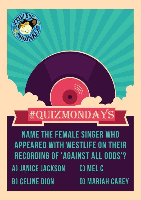 FROZENMONKEYBAR's tweet photo. Name the female singer who appeared with Westlife on their recording of 'Against All Odds'?
Answer correctly and stand a chance to win a Pizza meal for 2 (2 Mocktails,1 Pizza, 2 Desserts).
#frozenmonkey #Pune #UniversityRoad #Hinjewadi #monday #mondayblues #contest #quiz https://t.co/cPreZMWy2E