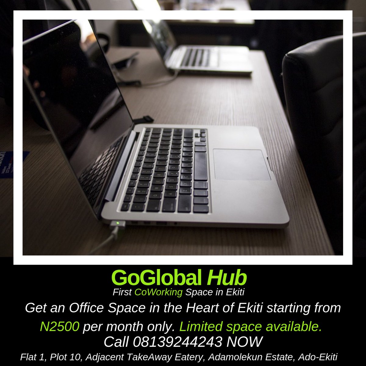 GlobalSola's tweet photo. Get an office space as low as 2500 per month in Ekiti state.
No more excuse for you.
#GOglobalHub https://t.co/iHLI4P4SgR
