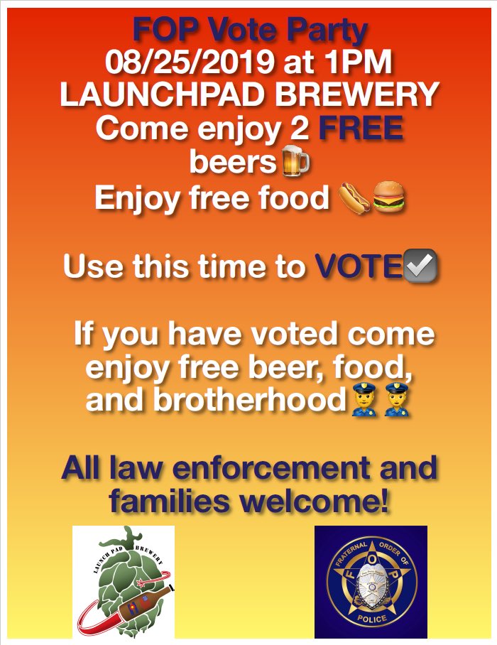 APDFOP49's tweet image. Come join us August 25th at 1pm @launchbrewery for our Vote Party!
APD and Families invited!
Enjoy free food and the absolute finest local brews!