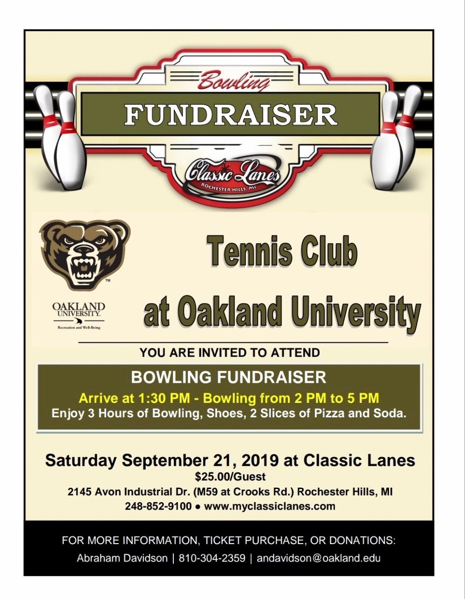 OU_TennisClub's tweet photo. Fall Fundraising!
-Bowling Fundraiser on Sat, Sept. 21st 2-5pm 
-Blaze Pizza on Thur, Sept. 26th 4-8pm
**All proceeds support OU Club Tennis**
Hope to see you all there to support a GREAT cause😀 https://t.co/A1mqo0XoLj