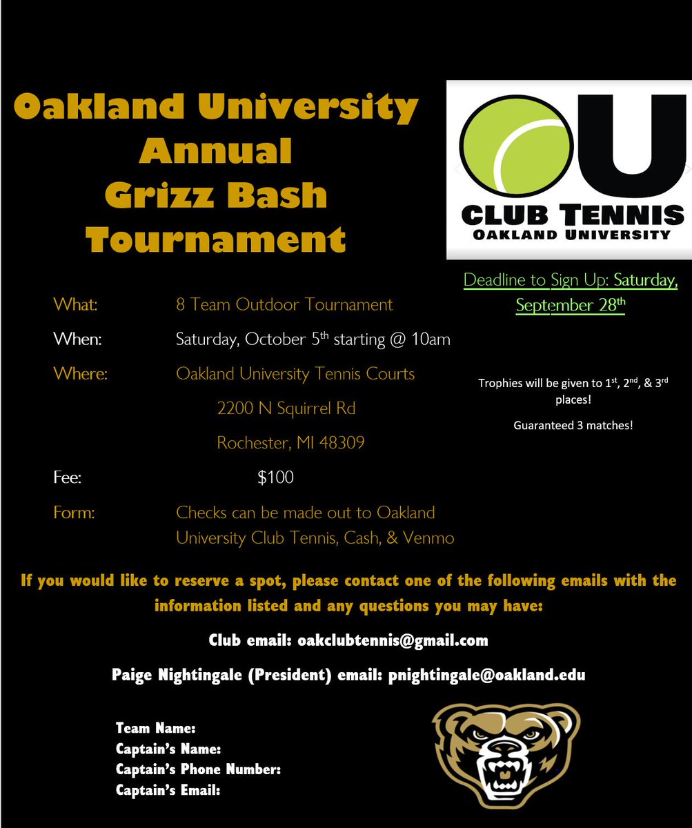 OU_TennisClub's tweet photo. Our annual 8 team Grizz Bash Tournament will be held on Saturday, October 5th! If your team is interested in playing, DM us or email us @ oakclubtennis@gmail.com! https://t.co/5EJ7N1sux6