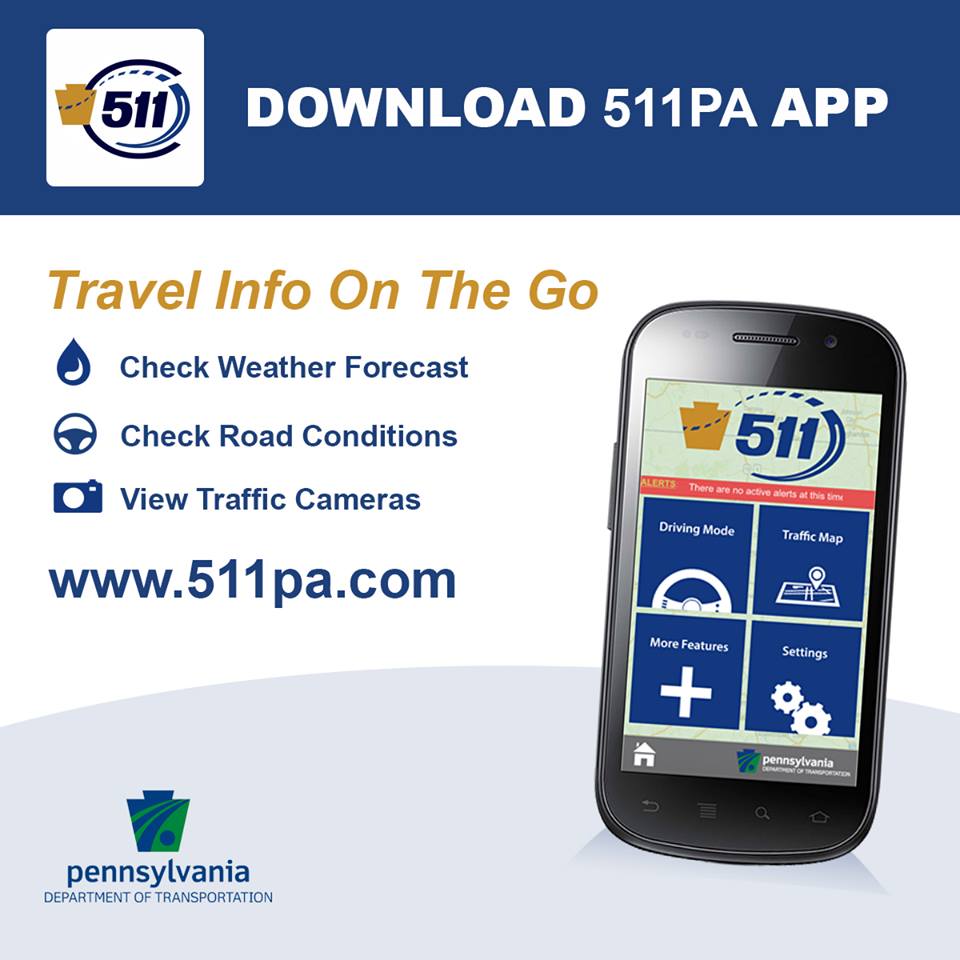 PennDOTNews's tweet photo. Get your travel info on the go! Check the latest weather forecasts, weather alerts, and overall travel conditions at https://t.co/uKuZOUnLiI. #PennDOT #PASafety #511PA #PATraffic https://t.co/xnyK1EFF5U