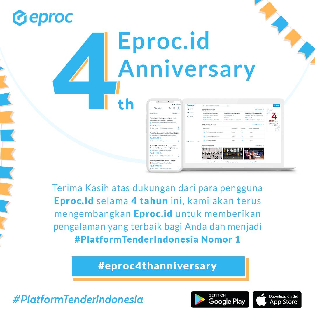 EprocID's tweet photo. Tidak terasa Eproc Indonesia sudah memasuki usianya yang ke-4 tahun, terima kasih atas semua dukungan pengguna selama ini. Semoga Eproc terus berkembang bersama bisnis Anda!
Kunjungi terus https://t.co/mGG6N3vxPW &amp; bantu Eproc menjadi platform tender No.1 https://t.co/3XLhgGlQi5