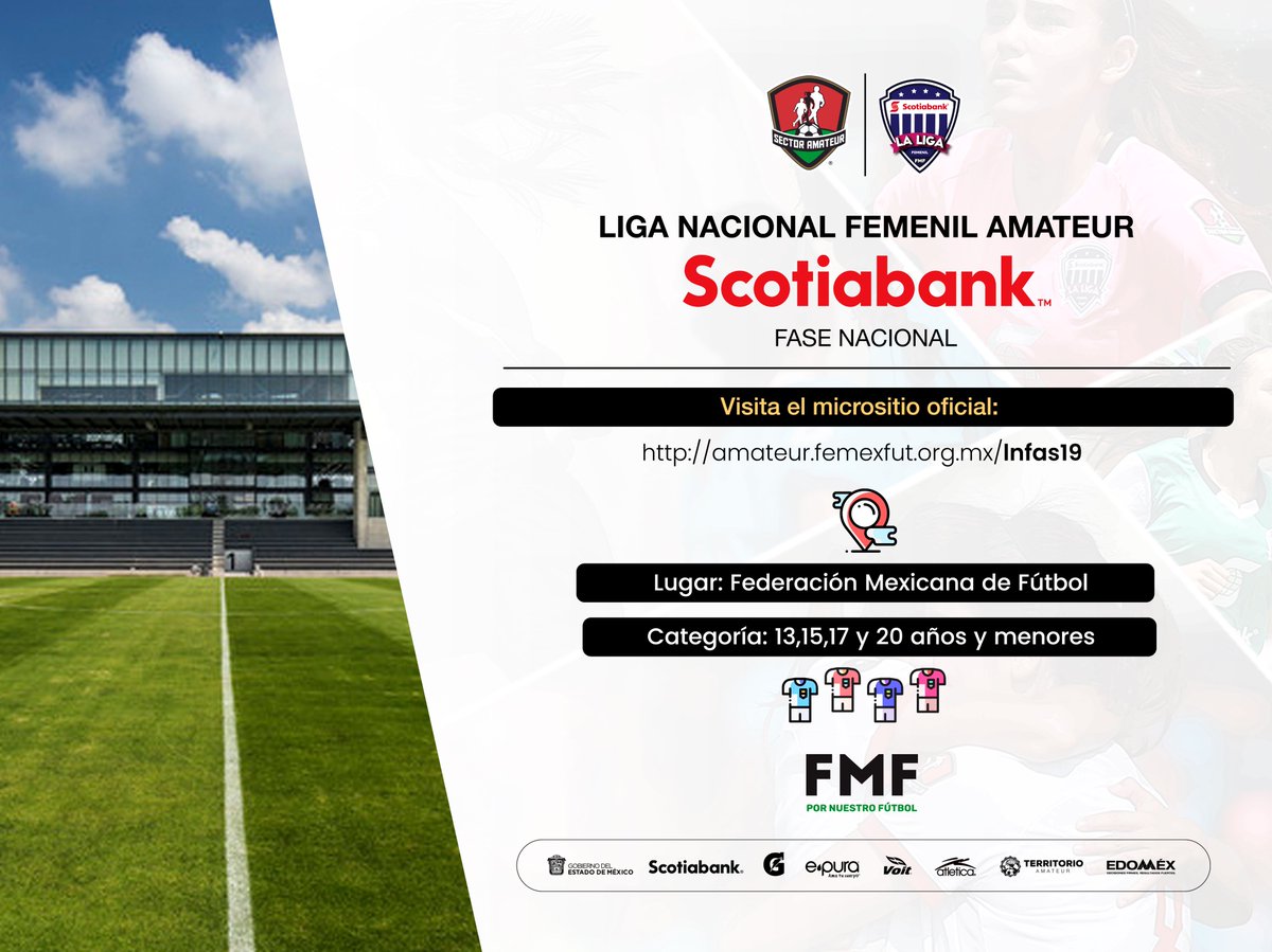 SectorAmateur's tweet photo. #LNJS19 l ‼️ Estamos a 3 días para arrancar la Fase Nacional de la Liga Nacional Femenil Amateur Scotiabank ¿están lis@s? 😁
#ElComienzoDeTuHistoria #FMFPorNuestroFútbol @ScotiabankMX @ScotiabankFC @gatorademex @VoitOficial @Edomex @atleticamx https://t.co/ylSJW5CIhD