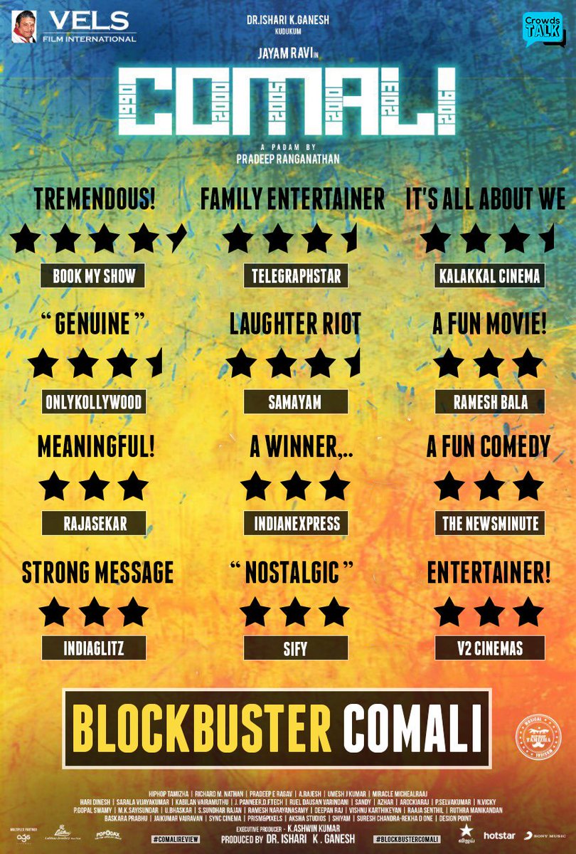 BenPJ_'s tweet photo. #ComaliBlockBuster - Reviews

@igtamil - 3 ⭐️ - STRONG MESSAGE
@sifydotcom - 3 ⭐️ - NOSTALGIC
@V2Cinemas - 3 ⭐️ - ENTERTAINER

🙏 #தமிழ்கற்றுத்தந்ததுமனிதத்தை 🙏
@actor_jayamravi @pradeeponelife @hiphoptamizha
@shiyamjack @VelsFilmIntl @SakthiFilmFctry

#ComaliReview #Comali #CRT https://t.co/jcrGjYq7im