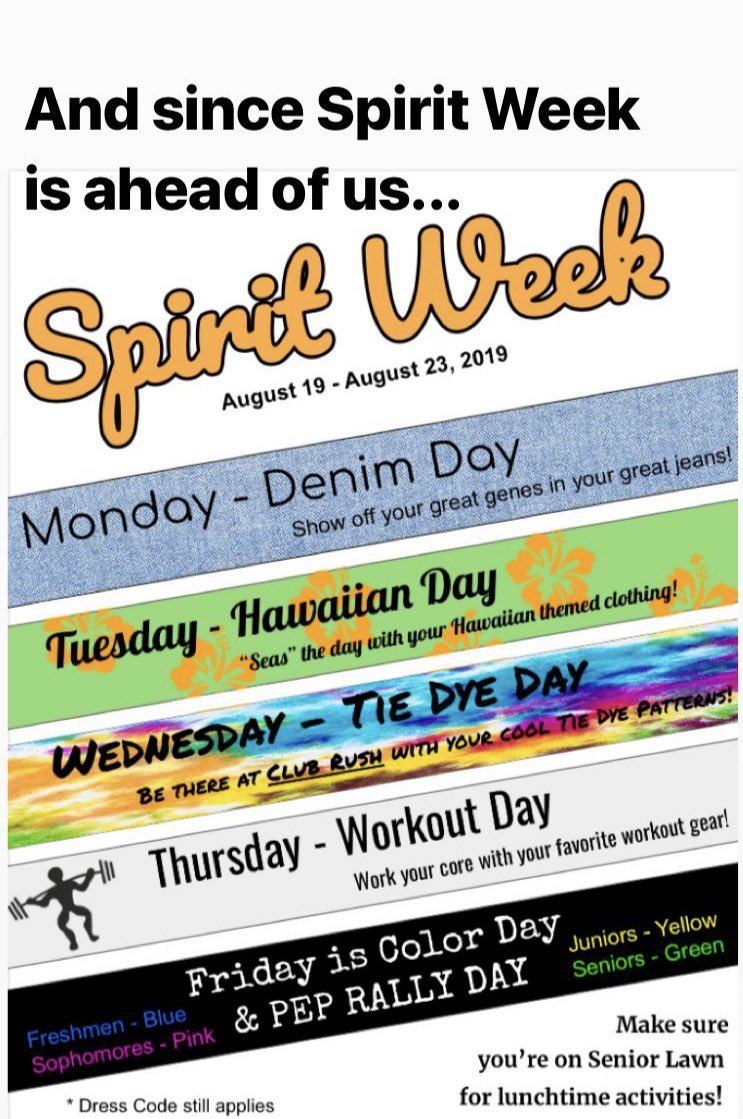 MHSChargerPride's tweet photo. Spirit Week! Tomorrow is Denim Day!👖🧢 https://t.co/DfIxRYiU0y