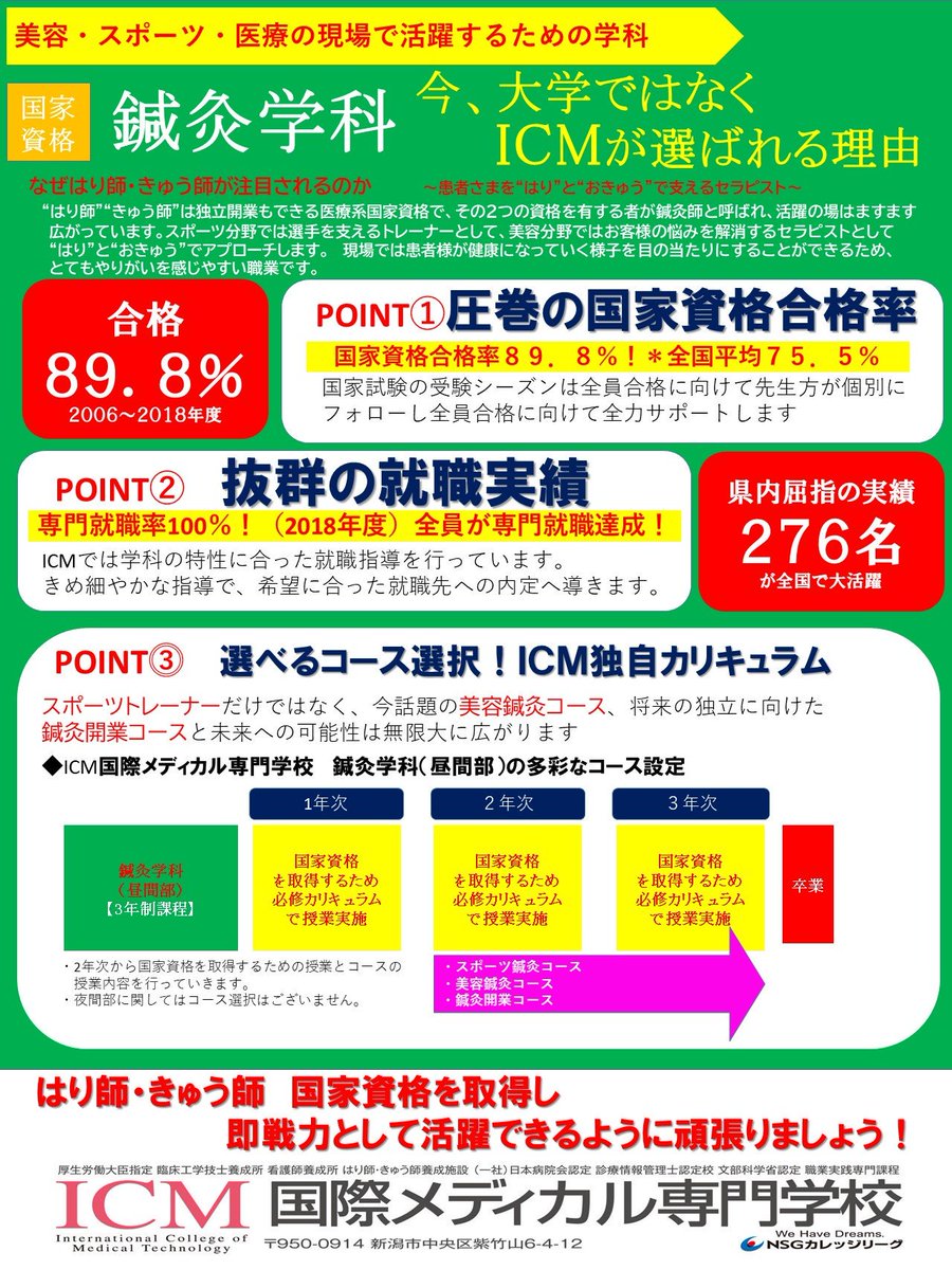 国際メディカル専門学校 A Twitter 今 Icmが選ばれ理由 鍼灸学科 はり師 きゅう師 なぜ今 Icm 国際メディカル専門学校 が選ばれるのか 是非 Check T Co Olng1vpdyd スポーツトレーナー 美容鍼灸 美容 開業 新潟 医療 専門学校 総合