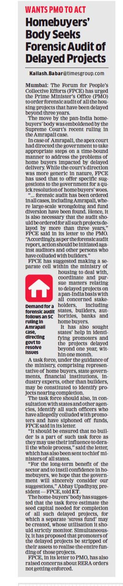 FightForRERAInd's tweet photo. We have written letter to our PM Shri @narendramodi JI covering all aspect of sufferings of HBs with hope tht @PMOIndia will take serious note of it &amp; act. Exclusive coverage by @EconomicTimes in today's Mumbai edition by @KailashBabarET. @HardeepSPuri @Secretary_MoHUA @abhaykol https://t.co/TpS7OuopXK