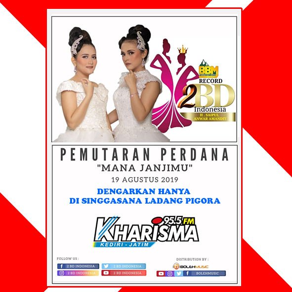 Simak Pemutaran Perdana "Mana Janjimu" Dari 2BD...Hanya di Singgasana Ladang Pigora...
<a href="/kharismafmpare/">Kharisma FM Pare Kediri</a>
<a href="/mdkharismafm/">Maskus_Official</a>
@bolehmusic dan <a href="/2bdindonesia/">2 BD Indonesia</a> #Pemutaranperdana