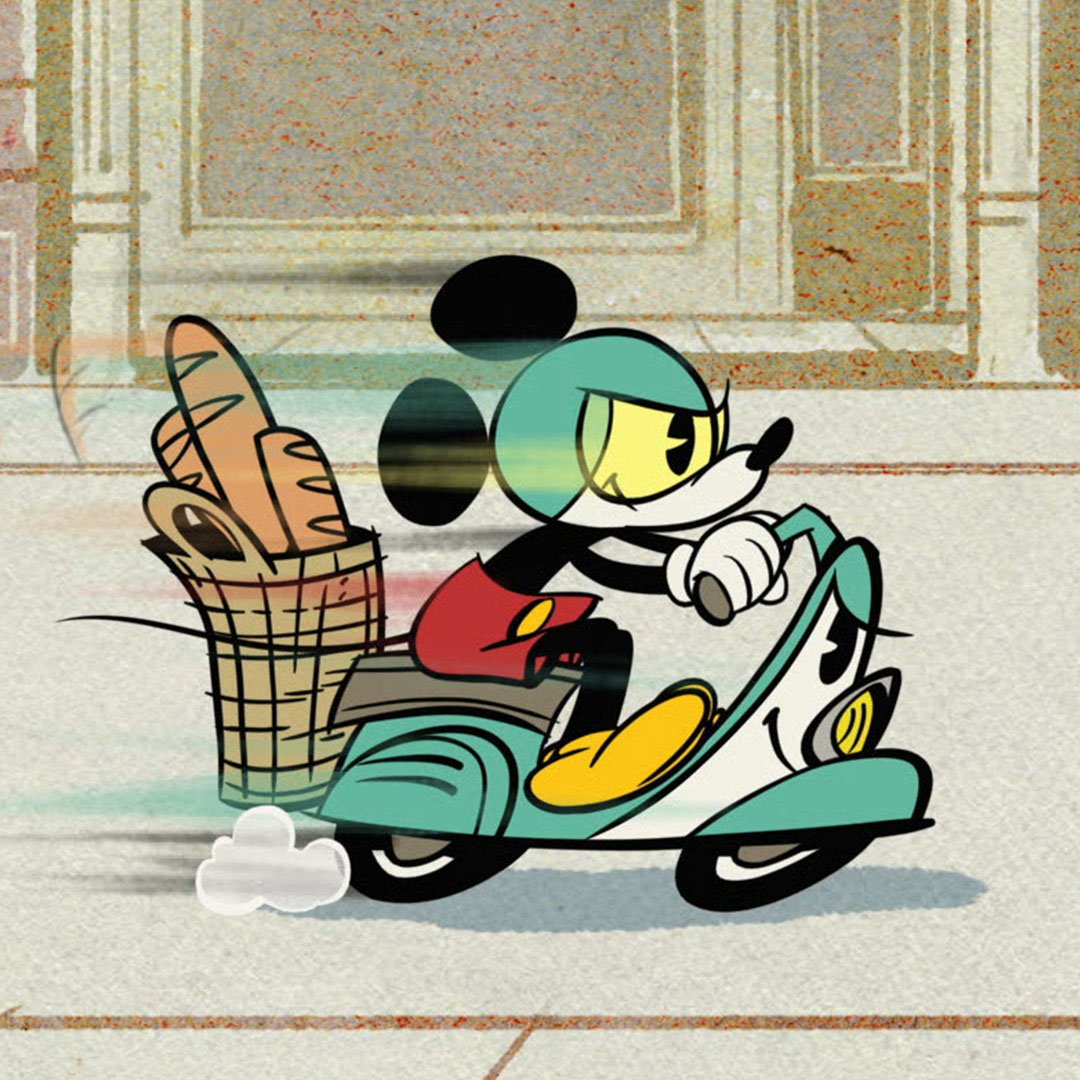 ディズニーデラックス公式 今日は バイクの日 ミニー のために ミッキー が颯爽と コミカルに クロワッサン を乗せてバイクで街中を走り抜ける やんちゃなミッキー達がたっぷり楽しめる短編アニメーションシリーズ ミッキーマウス