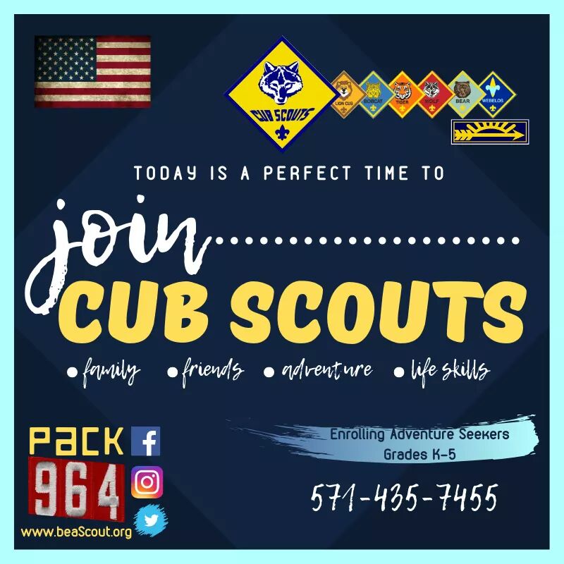 CubScoutPack964's tweet photo. Now enrolling #adventureseekers Grades K-5. Meetings on Thursdays at 7 pm @enterprisepwcs #Scouts are constantly on the move #serving #exploring #learning #JoinScouting #FamilyAffair #communityservice #outdooradventure #outdoorskills #citizenship #leadership #EasternPWC @NCACBSA https://t.co/rQtg9EnvyG