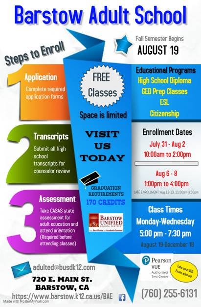 Barstow_AEBG's tweet photo. Fall Semester Begins August 19th. https://t.co/oeRTr7W5pk