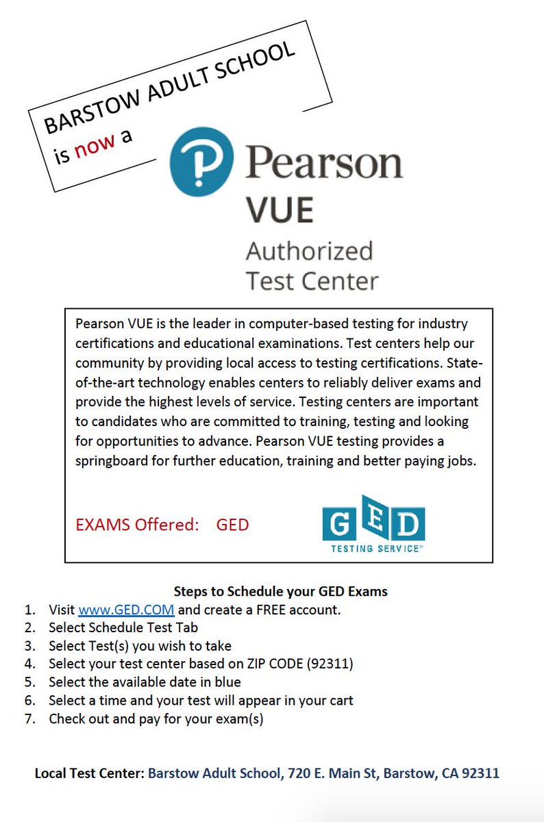 Barstow_AEBG's tweet photo. Barstow Adult School is now a Pearson VUE Authorized Test Center. #GED https://t.co/Laot56CMcQ