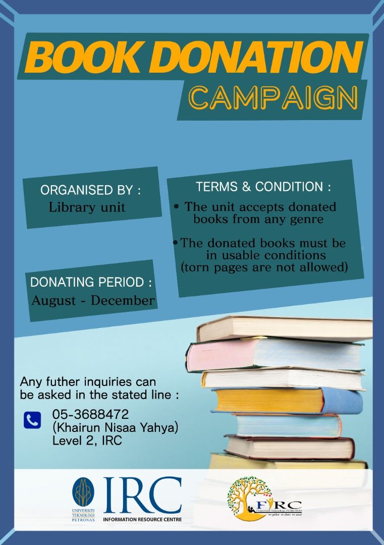 IRCUTP's tweet photo. IRC Book Donation Campaign!!
Donating period : August - December 2019
#LetsgotoIRC #utpirc #ircutp #library #utplibrary #UTPinme https://t.co/TYxIVp5yiT