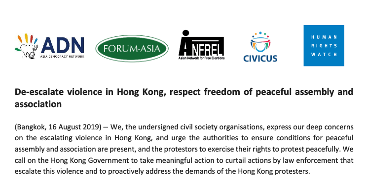cheriangeorge's tweet photo. Asian human rights groups call on all sides to de-escalate violence in #hongkongprotests and to work towards a peaceful resolution of Hongkongers' reasonable demands. Read the full statement here: https://t.co/BUhz4QynKC https://t.co/E26yZ2OFGi
