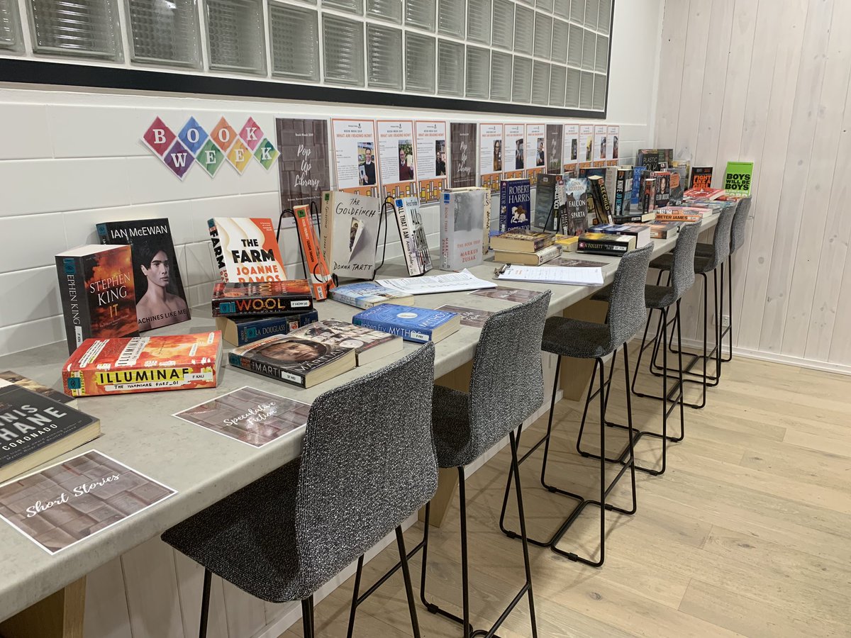 A Pop-Up Library takes over one end of our teachers’ common room for #bookweek2019.  Great curation of the selection by <a href="/Library_NC/">Newington College Library</a>, sparking great conversation over coffee.