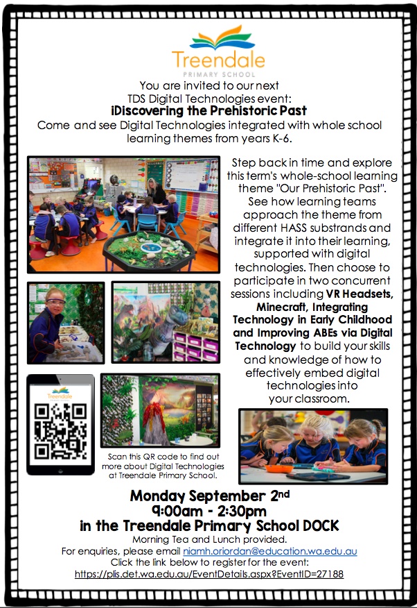 TreendalePS's tweet photo. Digitech TDS PD opportunity: Term 3 iDiscovering the Prehistoric Past @TPS 2nd of September! Head to PLIS to register. 
@TDS_SS_CO https://t.co/NNtJmJPPEM