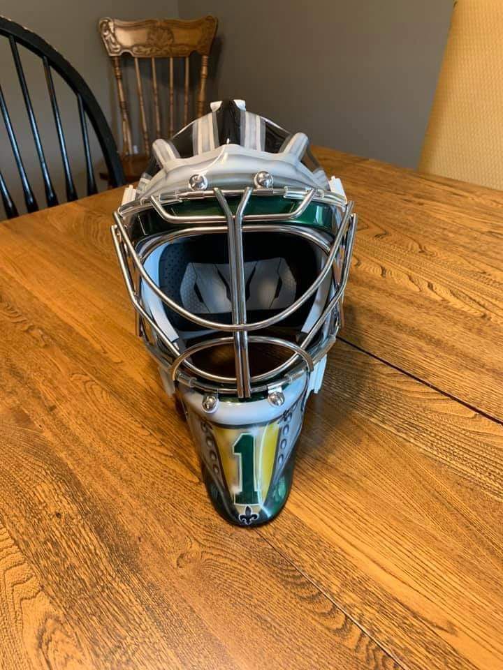 theSJHL's tweet photo. New goalie mask for former @Milshockey goalie Colby Entz, who's off to @stnorbert this Fall.  Painted by Rita Swanson and clear coat by Perception Autobody. https://t.co/UfaBw3Y0kh