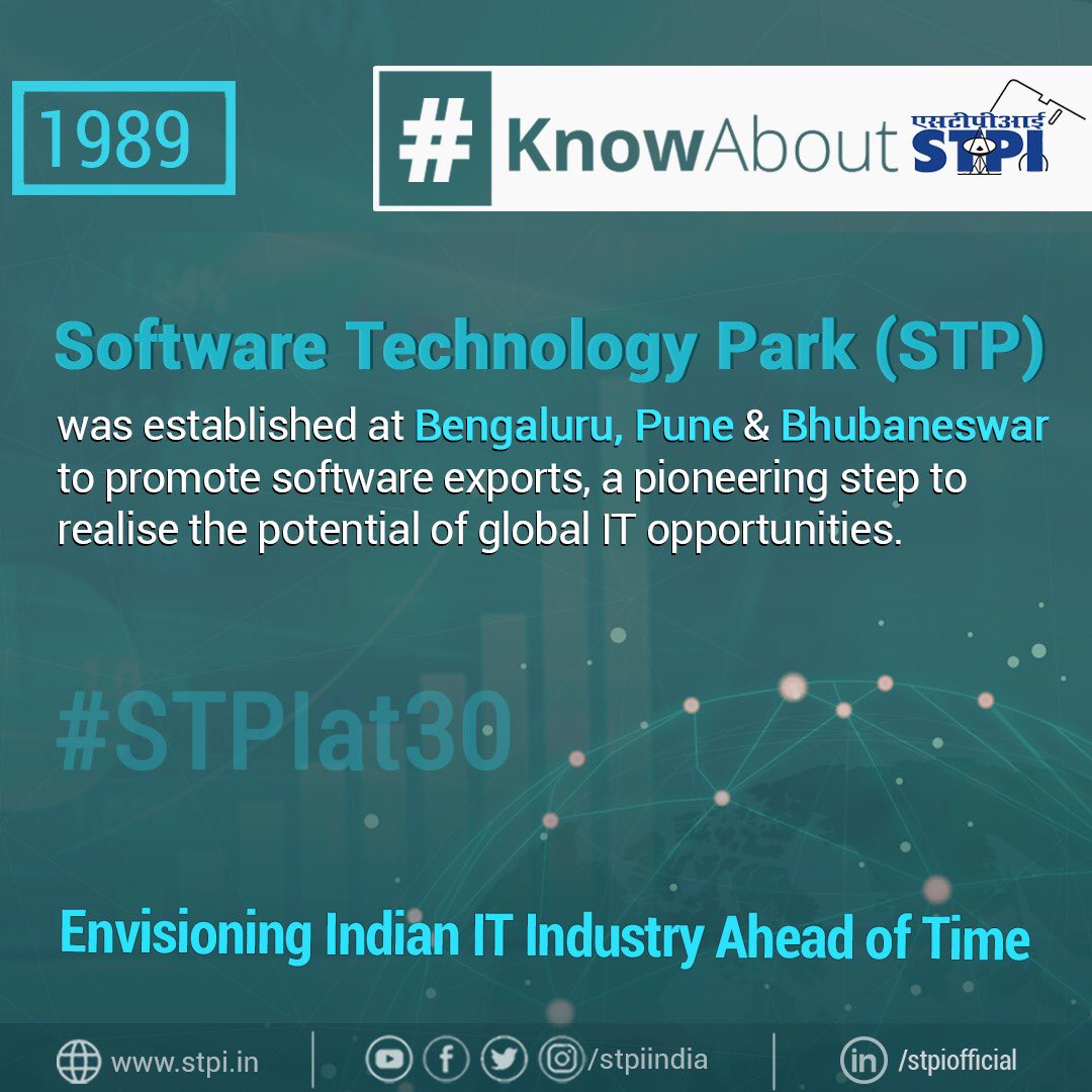 stpiindia's tweet photo. Establishment of Software Technology Park at Bhubaneswar, Bengaluru and Pune in 1989 to realize the global #IT opportunities was the first momentous milestone that heralded the genesis of #IT Industry in India. #STPIINDIA #KnowAboutSTPI #STPIat30 @RSPrasad @GoI_MeitY @Omkar_Raii https://t.co/vkAvaiJJiE
