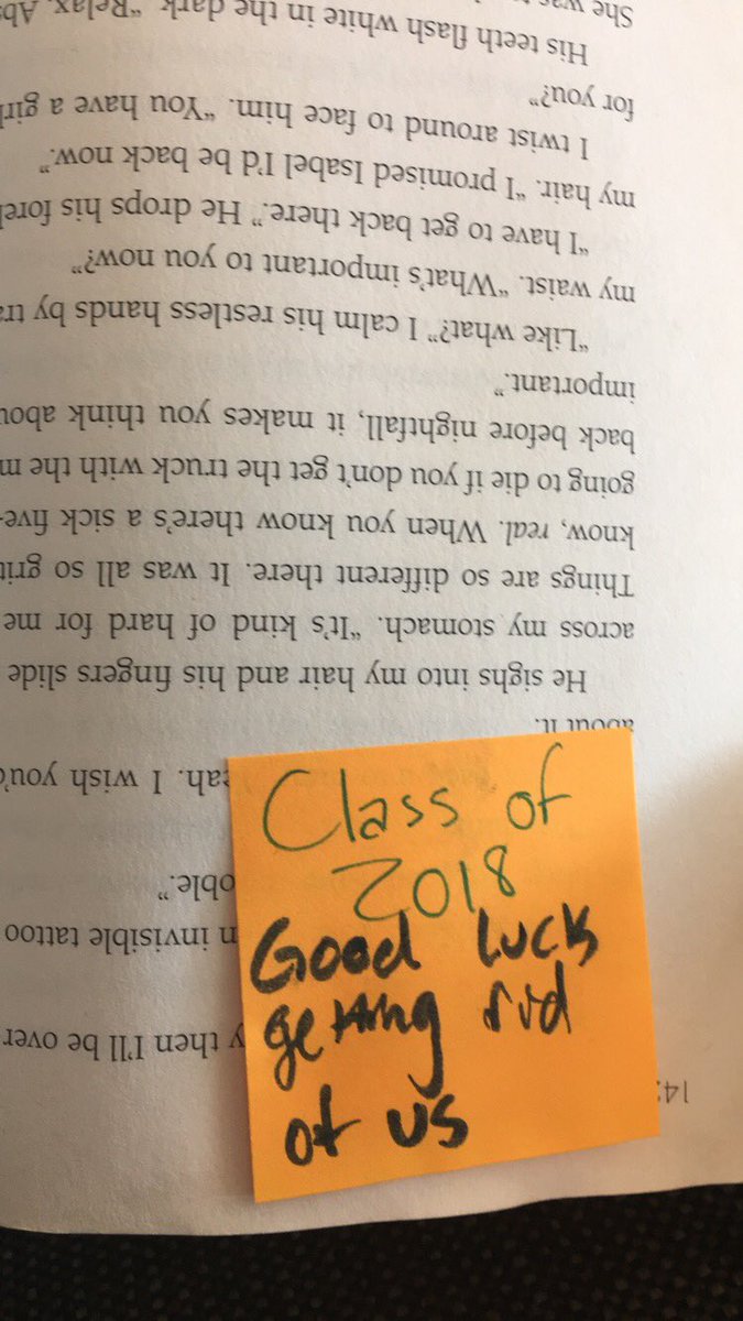 ms_jwalsh's tweet photo. One of my new seniors found this in her book in the library. Missing you all! 💜 #classof2018 #seniorprank #hitmeinthefeels https://t.co/pTnOvcyDx8