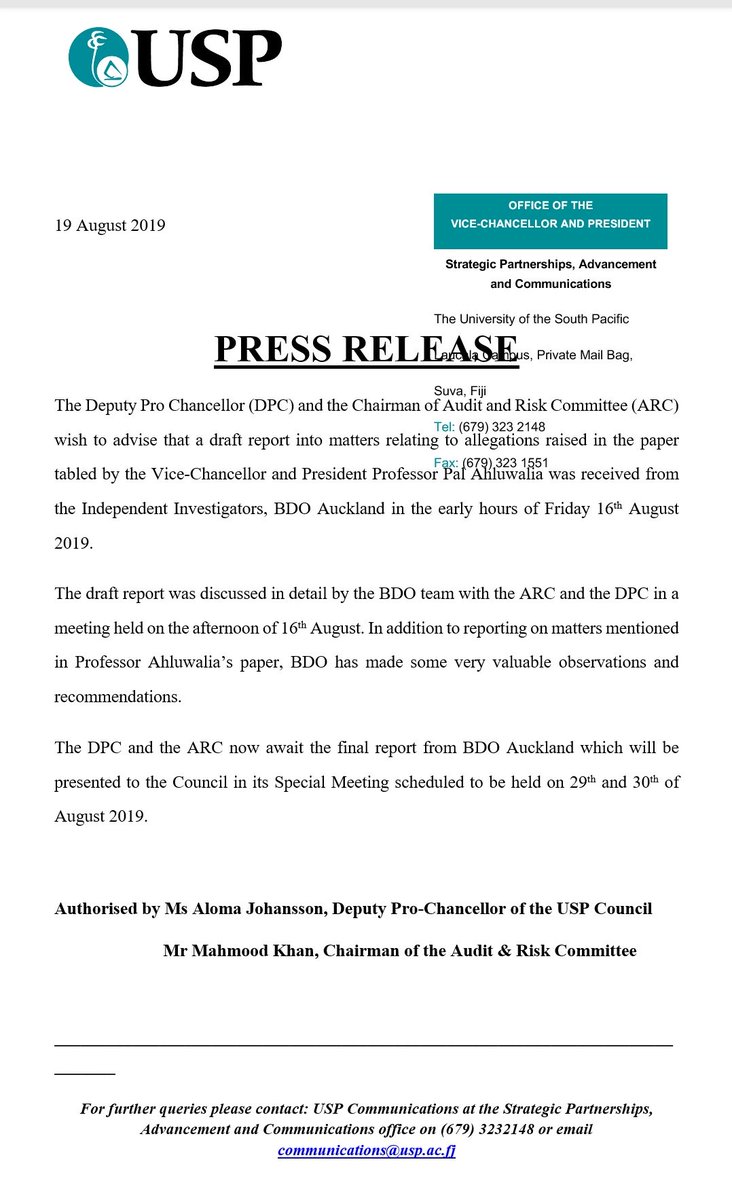 SemiTuraga's tweet photo. A final report by independent investigators BDO Auckland which looked into allegations of abuse of office by current and former USP staff will be presented to the USP Council in its Special Meeting next week (29th Aug - 30th Aug) #FijiNews #TeamFiji #USPGate Below full statement. https://t.co/sG2gIrAULP