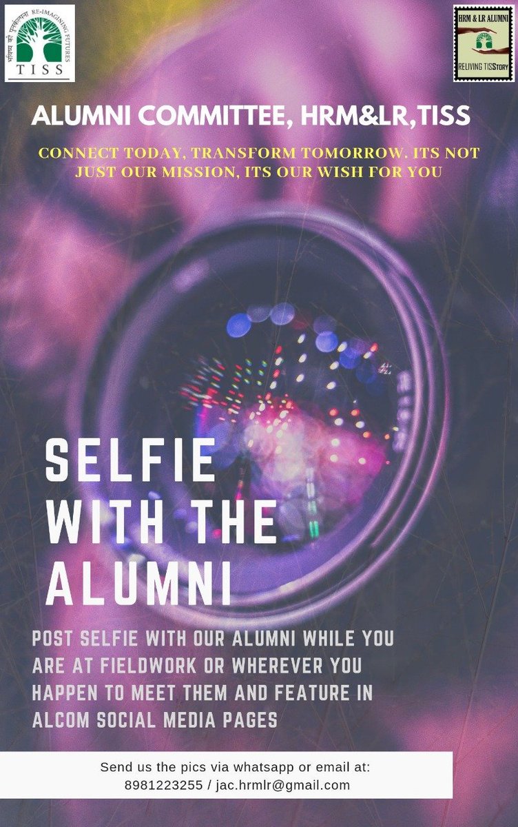 tisshrm's tweet photo. The Alumni committee is excited to launch "Selfie with Alumni" challenge !!
The campaign aims to build invaluable memories and strengthen bonds between the current batch and the extended HRM & LR family.
#staytuned #selfiewithalumni #TISSMumbai #HRMLR #selfiechallange #comingsoon https://t.co/95B1CaeoG0
