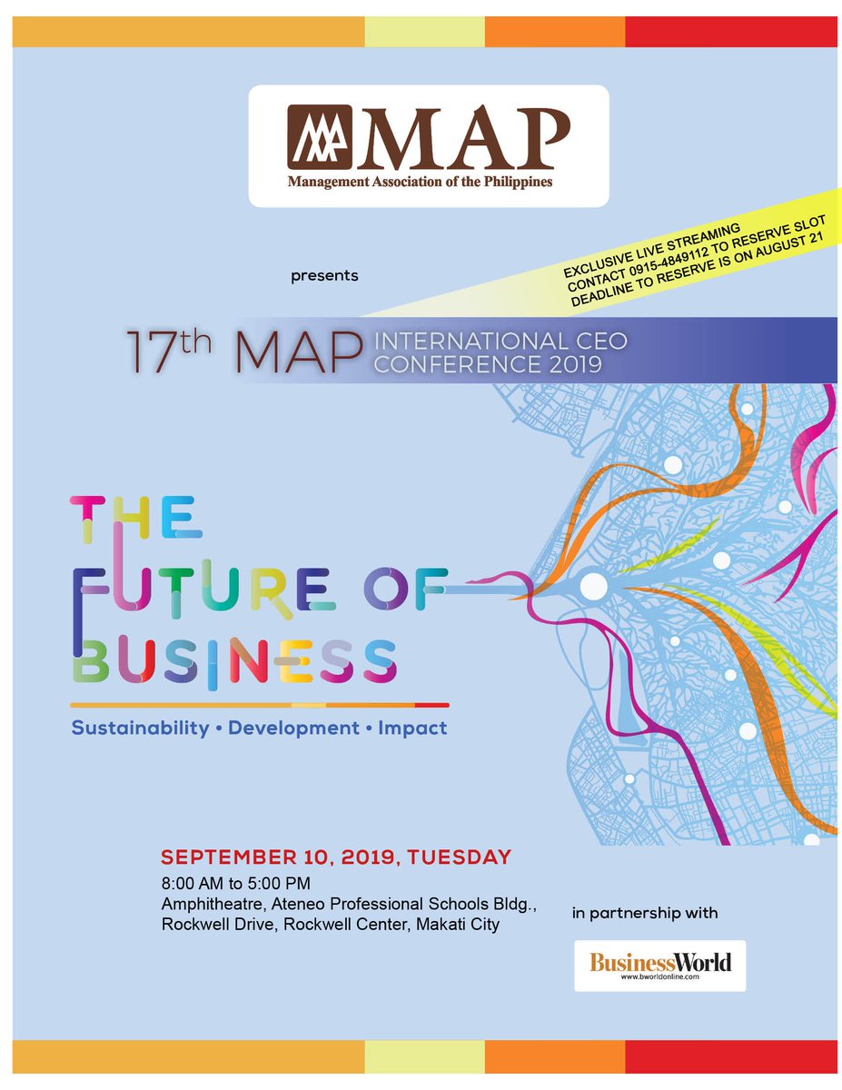 AteneoGSB's tweet photo. Join us on September 10 for the live streaming of "The Future of Business" at the Amphitheater from 8am-5pm. Text 0905-4849112 on or before Aug 21 to reserve a slot. Event is in partnership with the Management Association of the Philippines https://t.co/082DsLh6hu