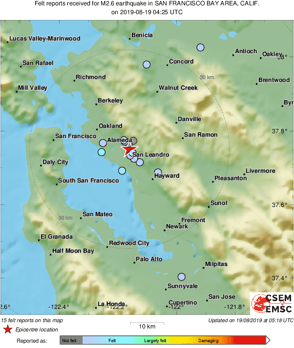 Map of felt reports received so far following the #earthquake M2.6 in San Francisco Bay Area, Calif. 54 min ago https://t.co/VKFaFpgrWJ