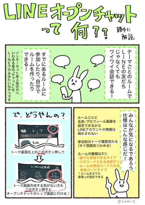 LINEオープンチャット本格的にはじまったみたいなので、雑な紹介マンガを勝手に描いた!詳しくは公式をみるといいよ! 