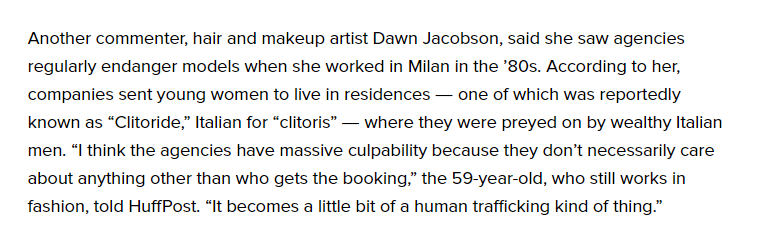 Hair and makeup artist Dawn Jacobson saw agencies regularly endanger models when she worked in Milan in the ’80s where they were preyed on by wealthy Italian men.  #OpDeathEaters