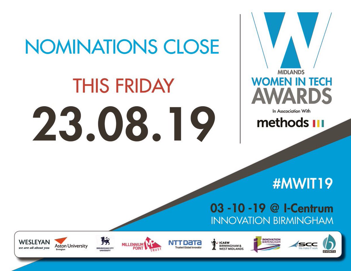 LAST 5 DAYS TO NOMINATE
nominations close Friday for this year's <a href="/WITAwards/">Women In Tech Awards</a> in association with <a href="/MethodsDigital/">Methods</a>

NOMINATIONS CLOSE 23.08.19

Nominate your favourties who have made a difference in the tech industry.

Nominate here: bit.ly/2YKb8DR 
#MWIT19