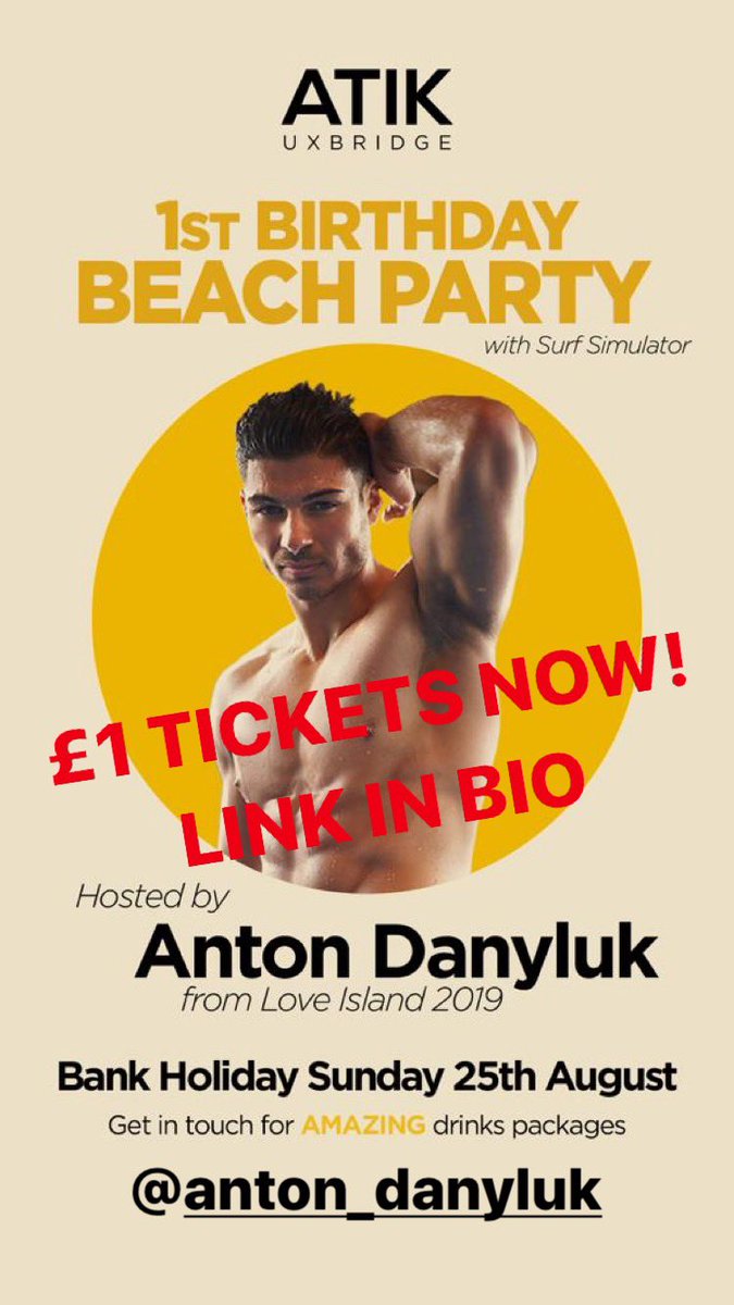£1 TICKETS - BANK HOL SUNDAY at @atikuxbridge ! 🎉🏝grab your tickets now to surf away at our beach party with @anton_danyluk 🏖🏄‍♀️ also you will be able to meet the funniest man to be on @loveisland ! 😂 Make your bank holiday worth it and head down to ATIK UXBRIDGE 🤪😁🎉🥳