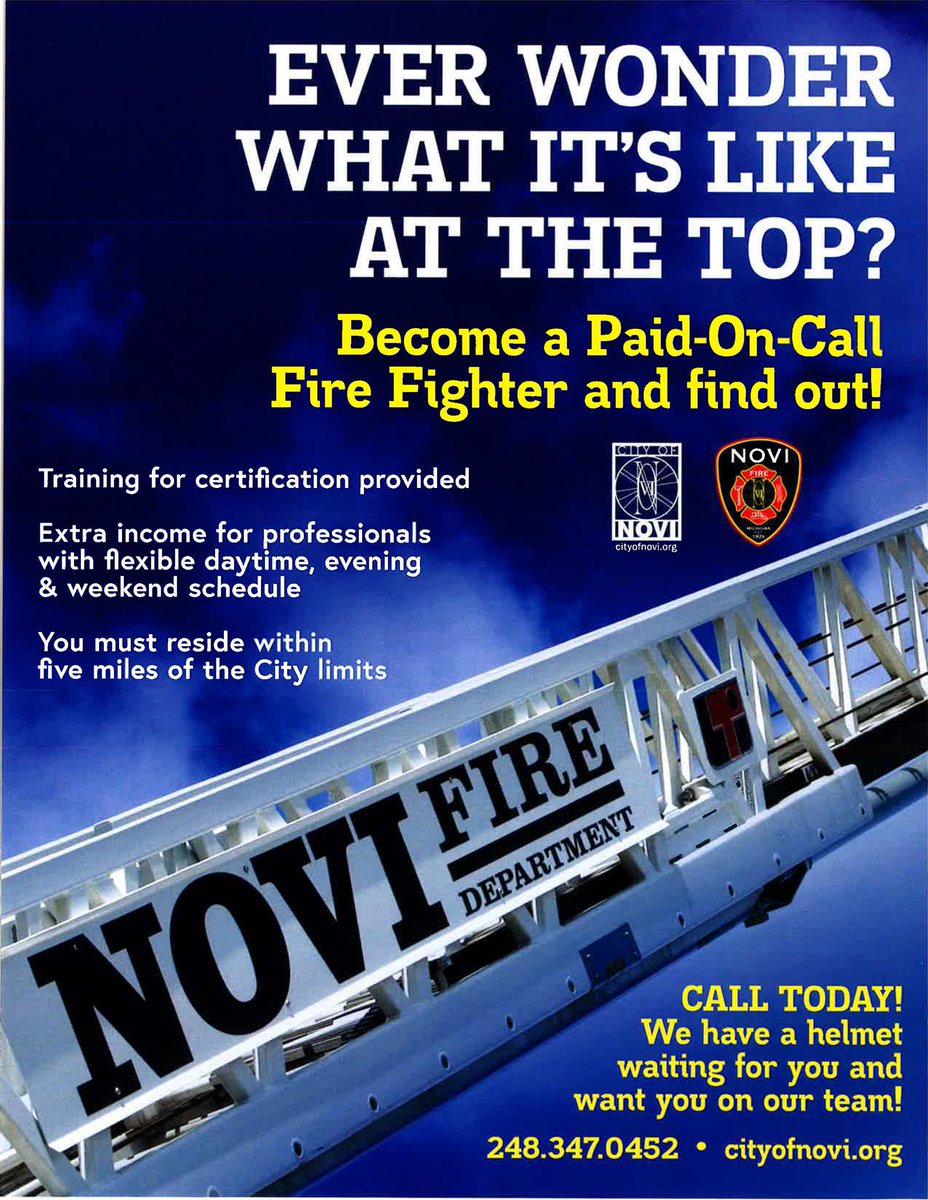 ChiefMolloy's tweet photo. Join one of the BEST Fire Departments in MICHIGAN! The #NoviFD is accepting applications for Paid-on-Call & Auxiliary Fire Fighters. Flexible shifts & benefits. You ever wonder what it’s like at the top? We have a helmet waiting for you! Apply today! #NoviFire @cityofnovi https://t.co/KWlkGjTO2E