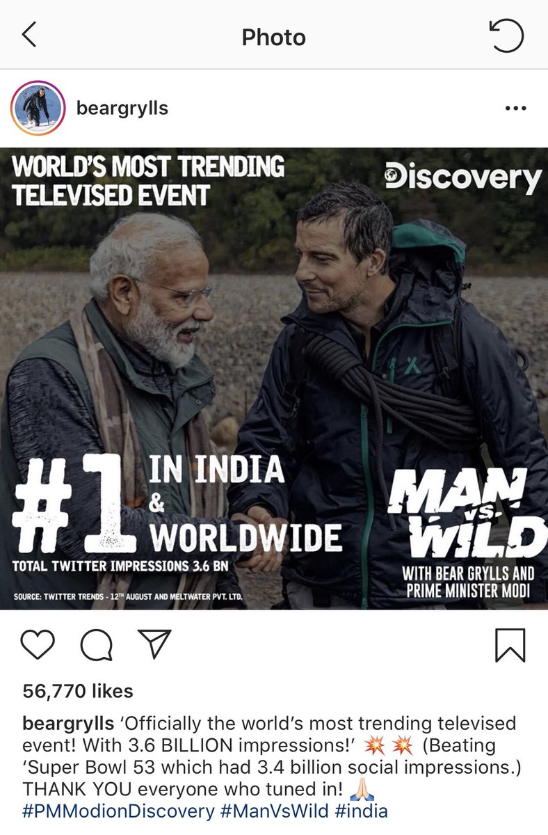 Bear Grylls : Officially the world’s most trending televised event! With 3.6 BILLION impressions!’ 💥💥 (Beating ‘Super Bowl 53 which had 3.4 billion social impressions.)

 #PMModionDiscovery #ManVsWild