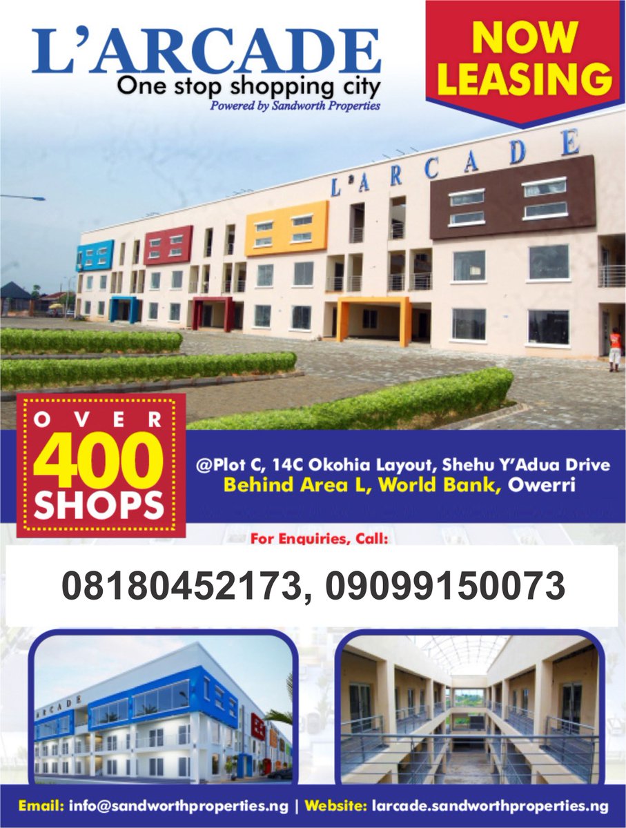sandworth's tweet photo. L’arcade is a state of the art facility with flexible open areas suitable for office spaces Bank halls, Restaurants etc. The L’arcade is an oasis of calm and beauty in the heart of the affluent and flourishing town of Owerri. 
For Enquiries, call: 08180452173, 09099150073 https://t.co/oI3VYLXCtR